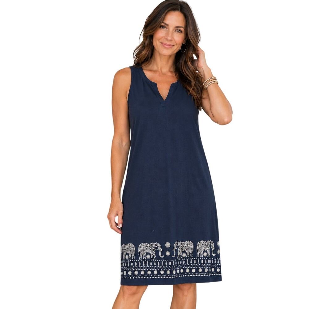 J. Jill Elephant Walk Dress Womens Medium Blue Knit Sleeveless Embroidered Shift